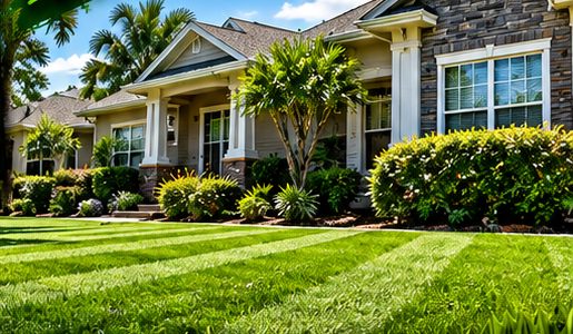Striped lawn in front of a well-kept home