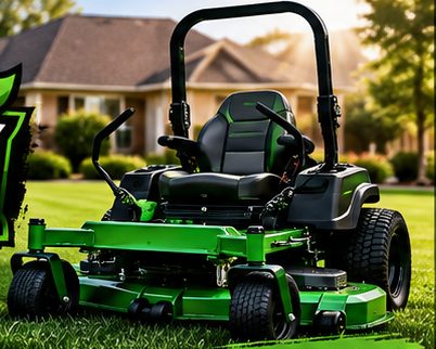 Green zero-turn mower on a freshly cut lawn